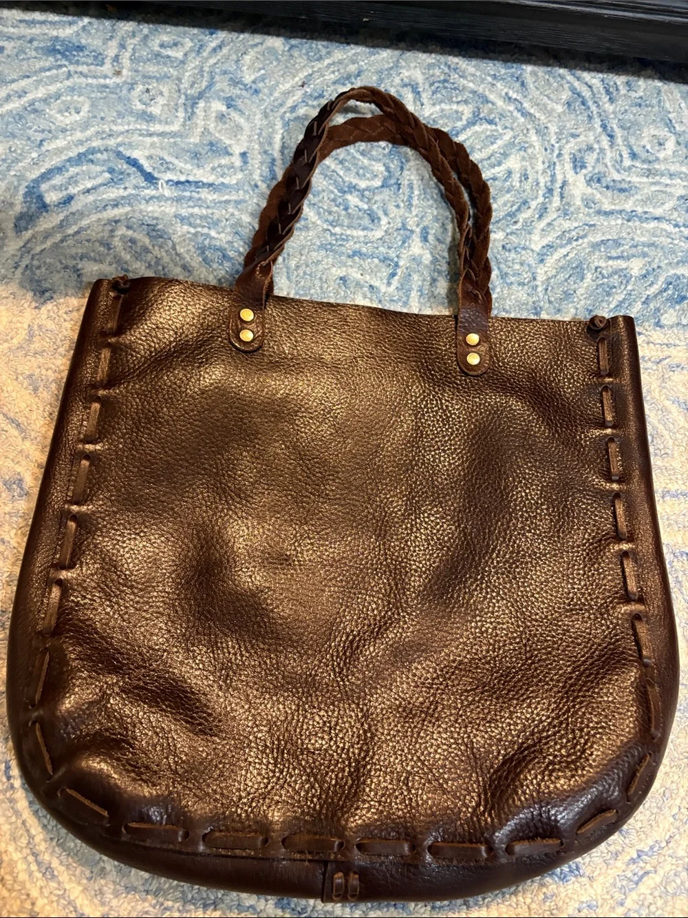 Braided Handle Brown Leather Tote with Woven Front Panel